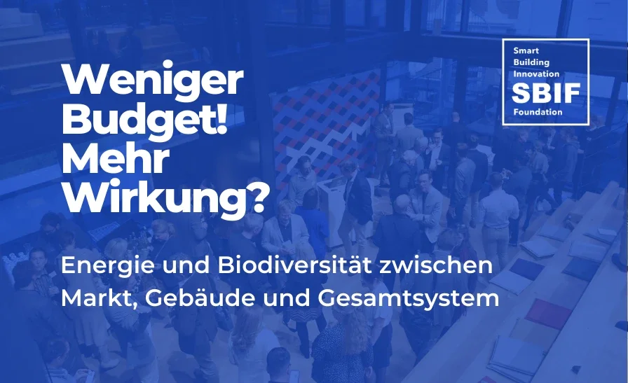 Bild, das den Titel der Abendveranstaltung auf blauem Hintergrund zeigt - Weniger Budget Mehr Wirkung?