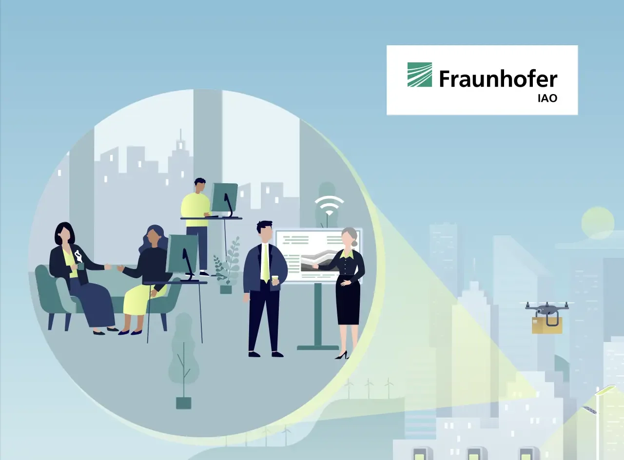 Illustration eines modernen Büroumfelds mit Personen an Schreibtischen, im Gespräch und bei einer Präsentation. Im Hintergrund eine futuristische Stadt mit Hochhäusern, Windrädern und einer Drohne mit einem Paket. Oben rechts das Logo von Fraunhofer IAO.